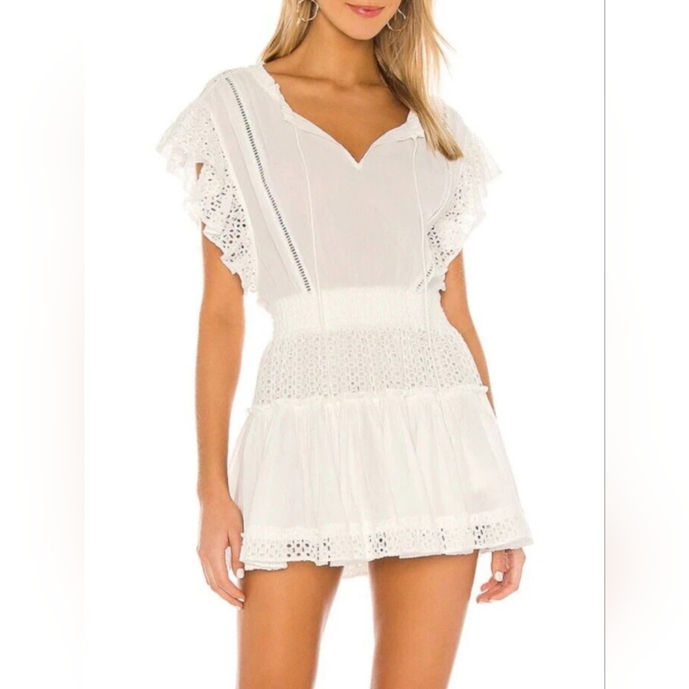 MISA Los Angeles Sarika White Mini Dress Eyelet Ruffles Bohemian Cotton Size L